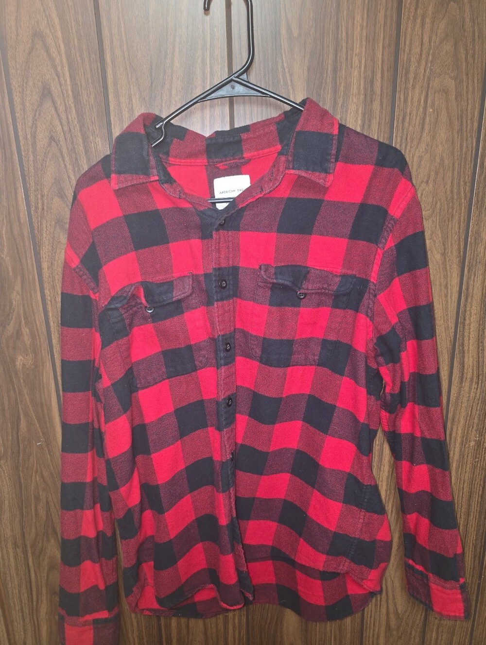American Eagle Outfitters Red and Black Plaid Casual Button Down Shirt